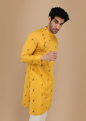 alt message - Manyavar Men Mustard Yellow Thread Embroidered Kurta image number 0